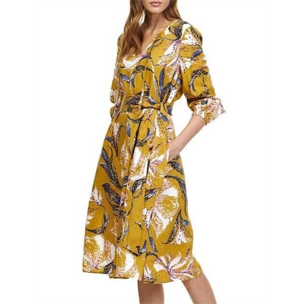 COUNTRY ROAD Linen Floral Pink Mustard Dress Size 6 Tie At Waist Pockets